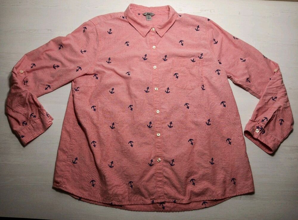 Bass Shirt Womens XXL Pink Cotton Embroidered Anchors Button Up Long Sleeves